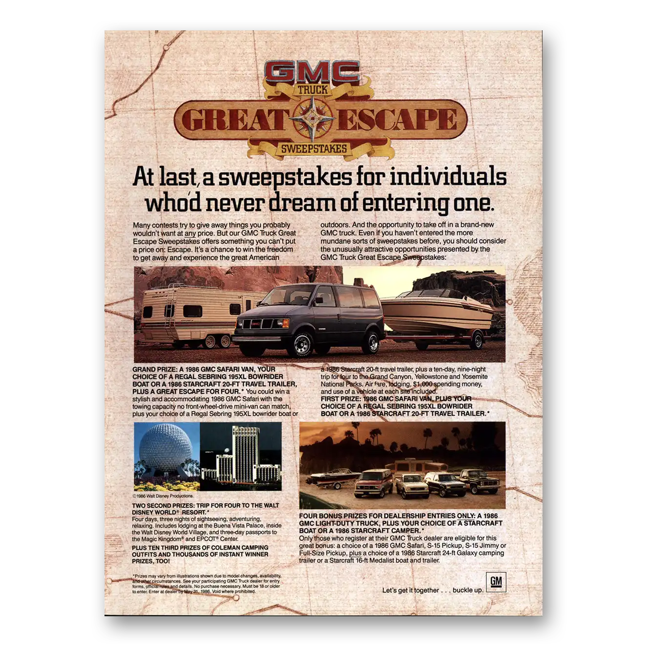 1986 GMC Trucks Great Escape Sweepstakes Epcot Vintage Magazine Print Ad