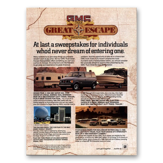 1986 GMC Trucks Great Escape Sweepstakes Epcot Vintage Magazine Print Ad