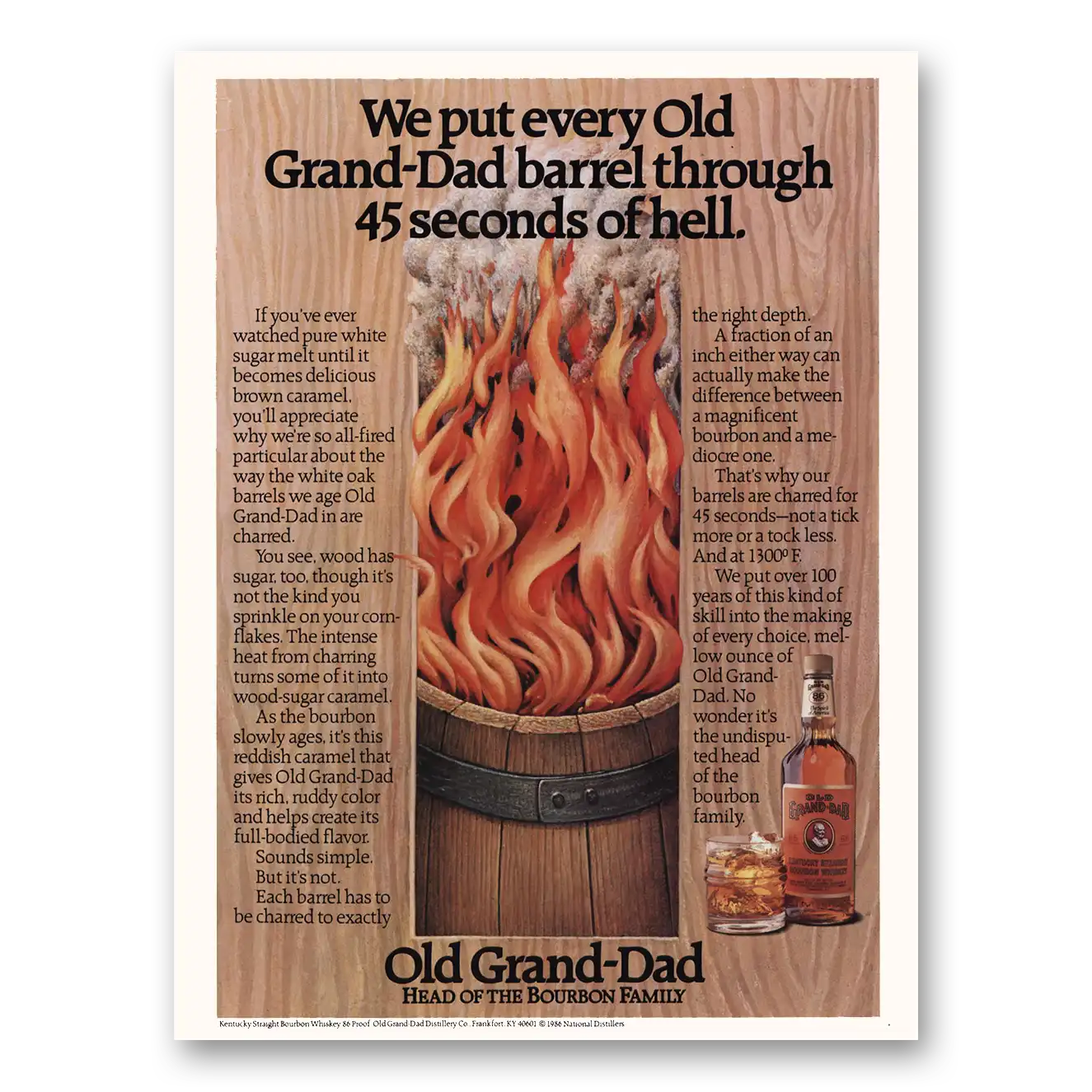 1986 Old Grand-Dad Bourbon Whiskey Every Barrel 45 Seconds of Hell Vintage Magazine Print Ad