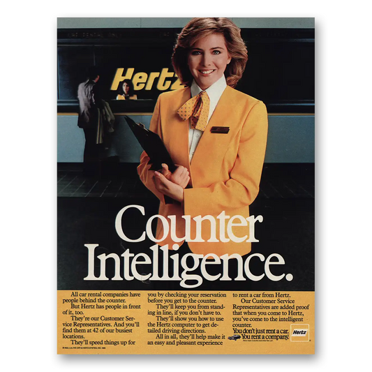 1986 Hertz Rent a Car Counter Intelligence Vintage Magazine Print Ad