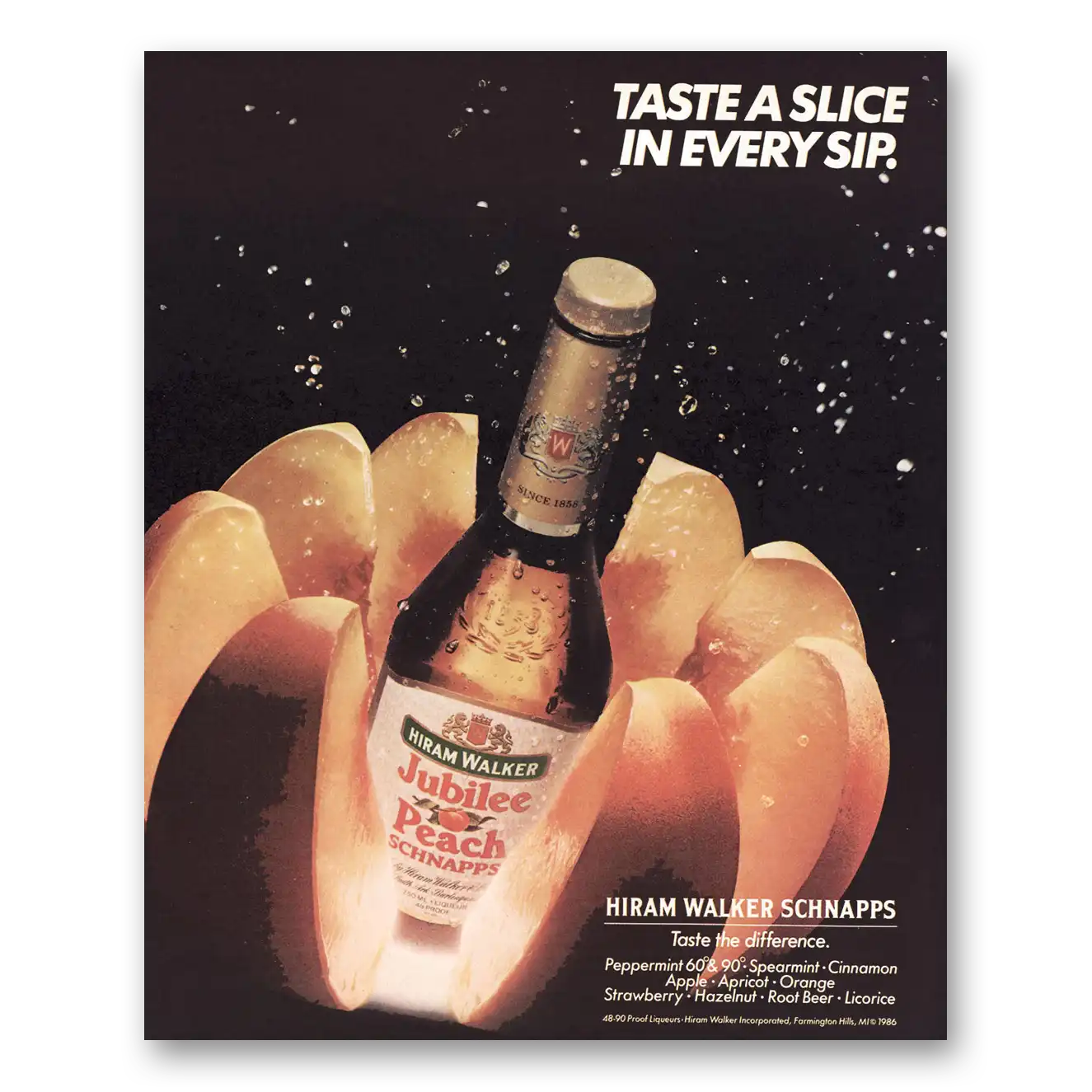 1986 Hiram Walker Peach Schnapps Taste a Slice In Every Sip Vintage Magazine Print Ad