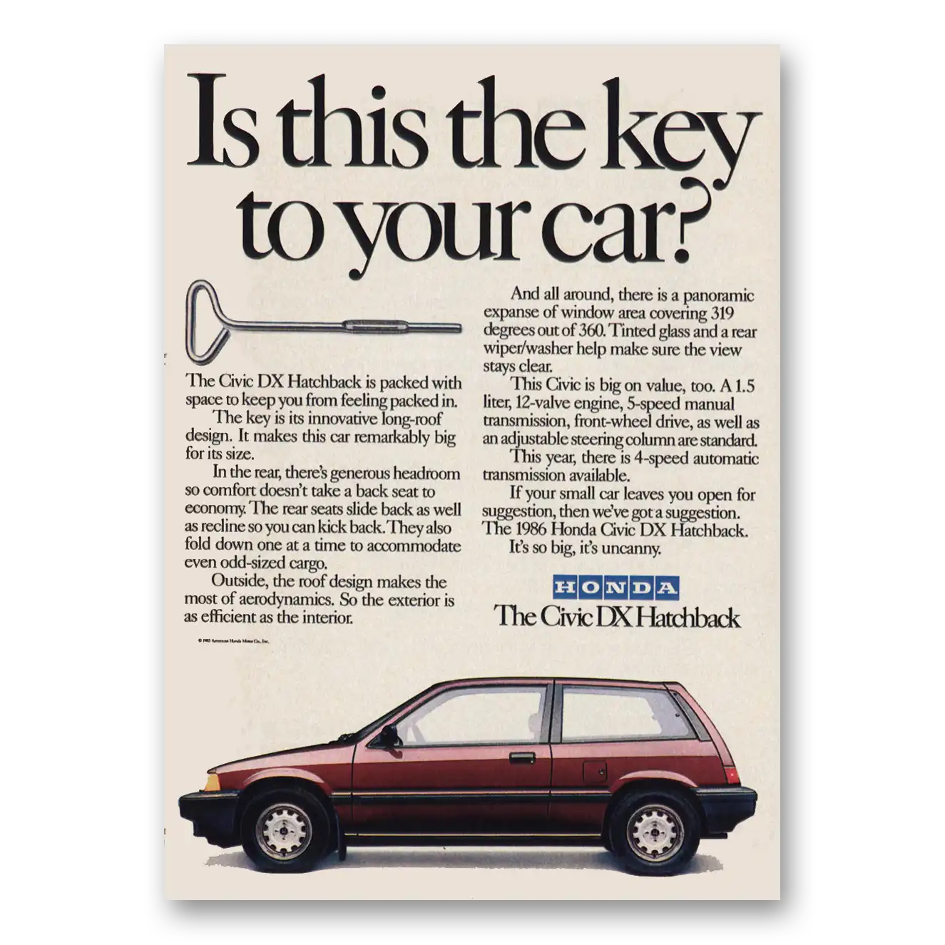 1986 Honda Civic DX Hatchback Key to Your Car Vintage Magazine Print Ad