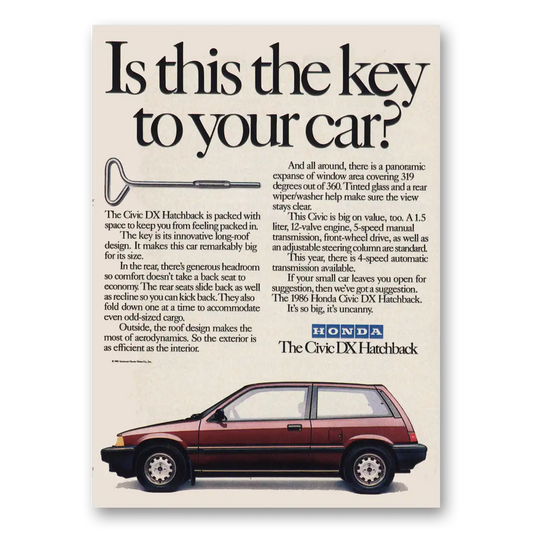 1986 Honda Civic DX Hatchback Key to Your Car Vintage Magazine Print Ad