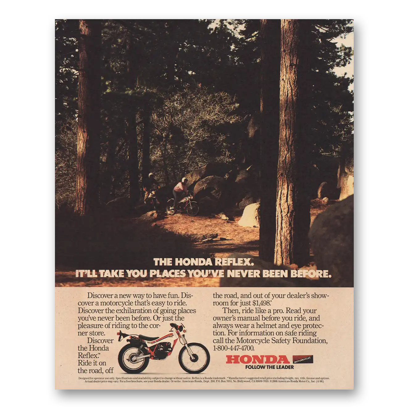 1986 Honda Motorcycle Reflex Motorcycle Take You Places Vintage Magazine Print Ad