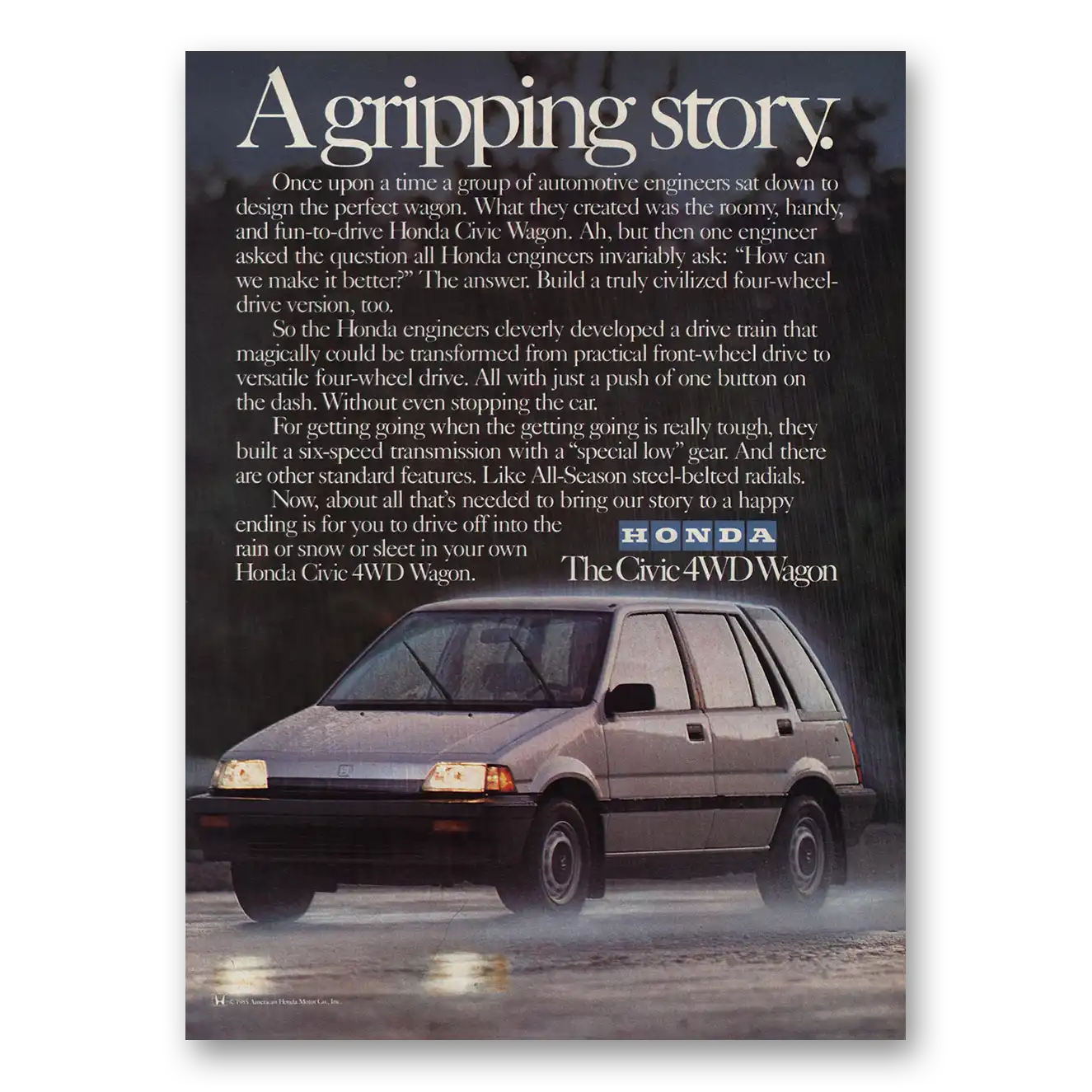 1986 Honda Civic Wagon Gripping Story Vintage Magazine Print Ad