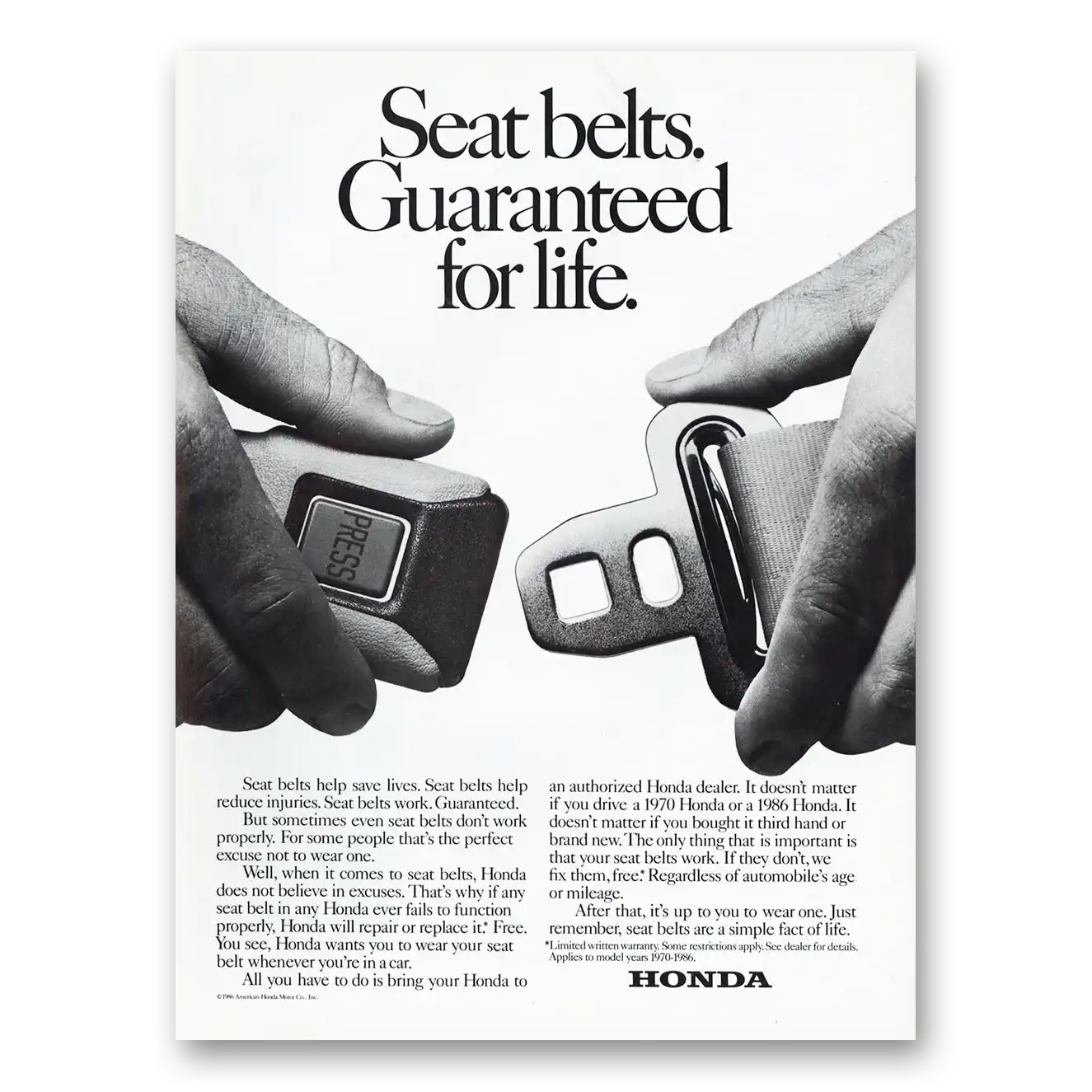 1986 Honda Seat Belts Guaranteed for Life Vintage Magazine Print Ad