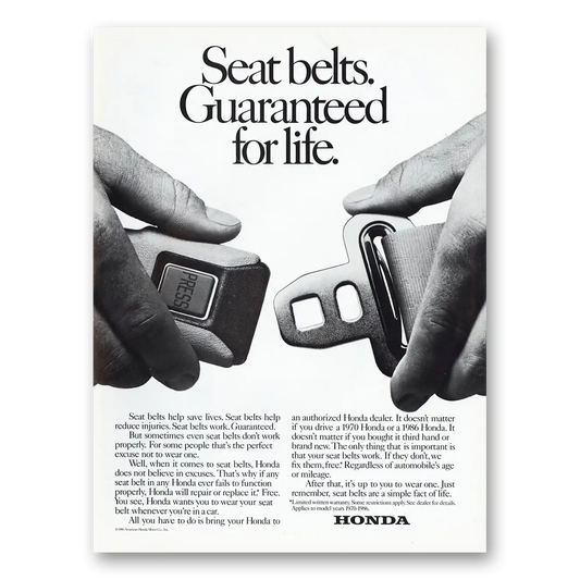 1986 Honda Seat Belts Guaranteed for Life Vintage Magazine Print Ad