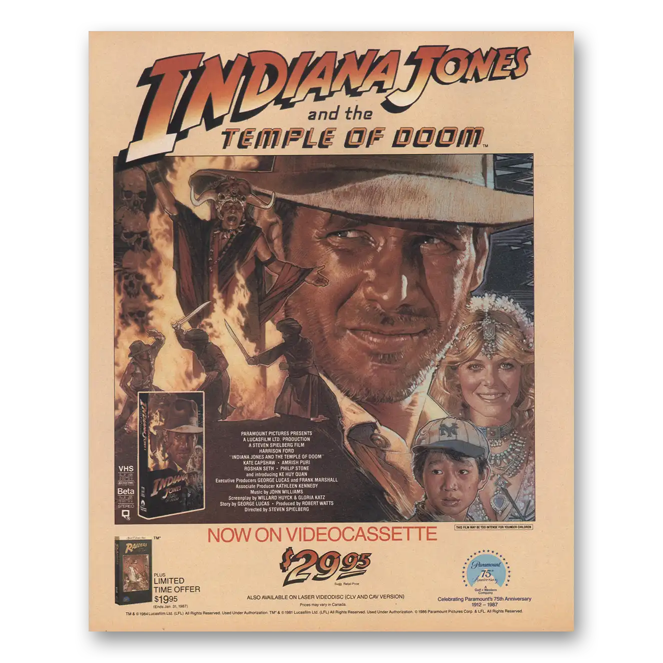 1986 Indiana Jones Temple of Doom Movie Promo Videocassette Vintage Magazine Print Ad