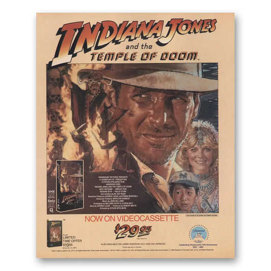 1986 Indiana Jones Temple of Doom Movie Promo Videocassette Vintage Magazine Print Ad