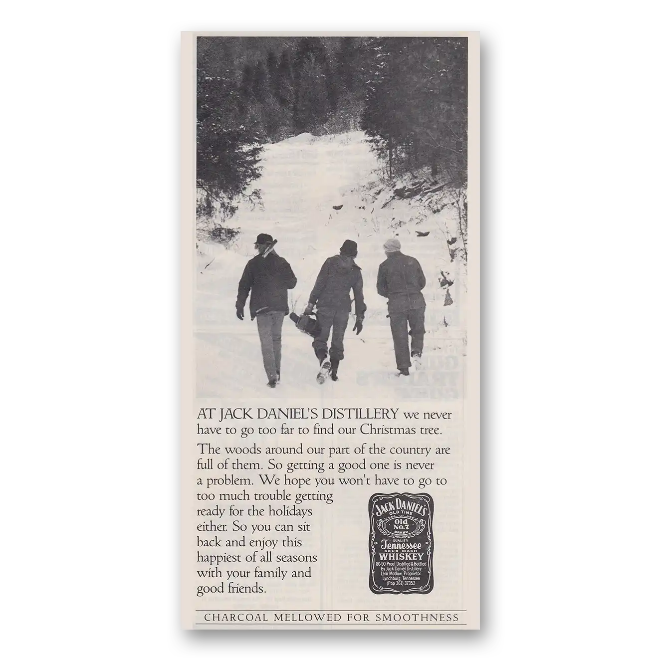 1986 Jack Daniels We Never Have to Go Too Far to Find Our Christmas Tree Vintage Magazine Print Ad