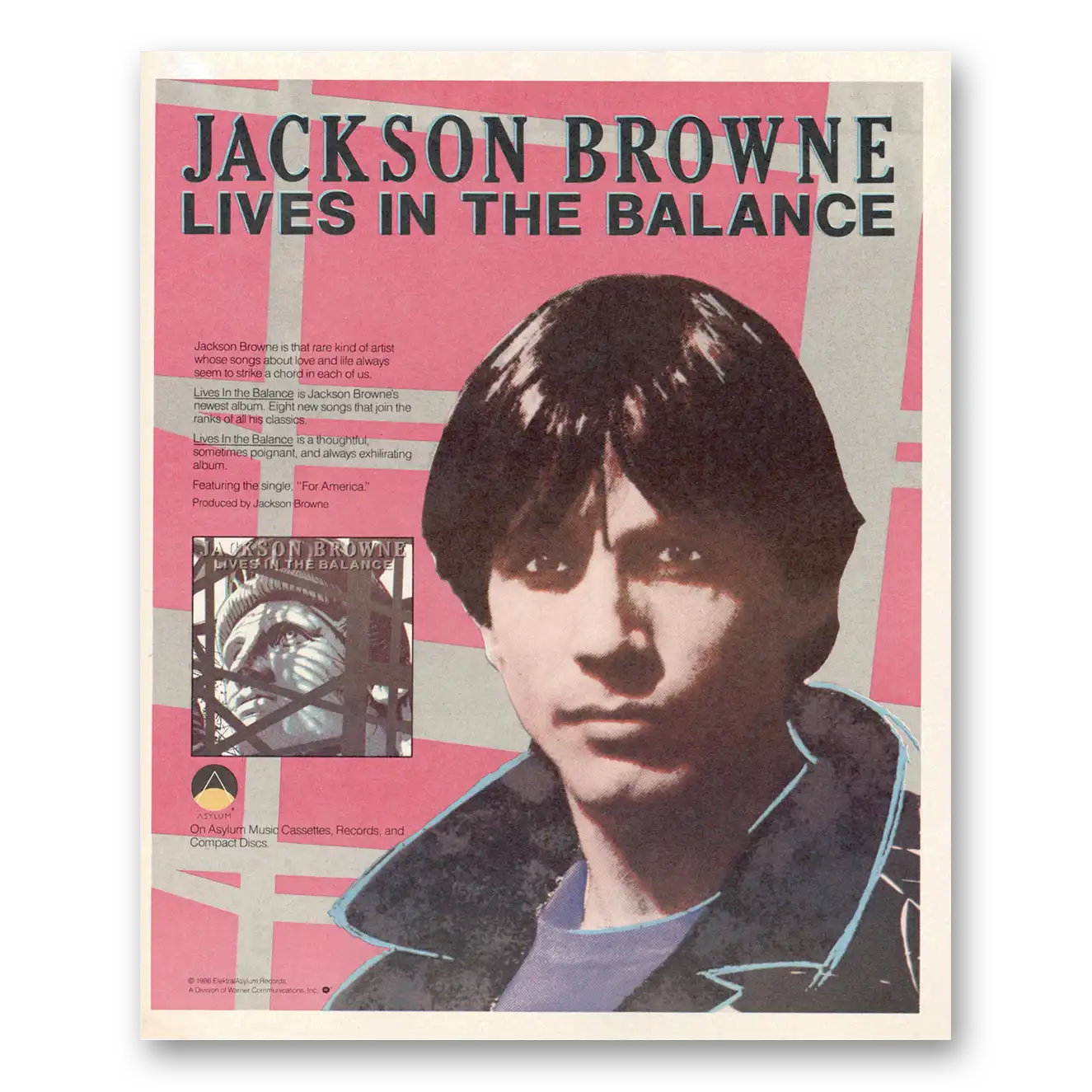 1986 Jackson Browne Lives In the Balance Vintage Magazine Print Ad