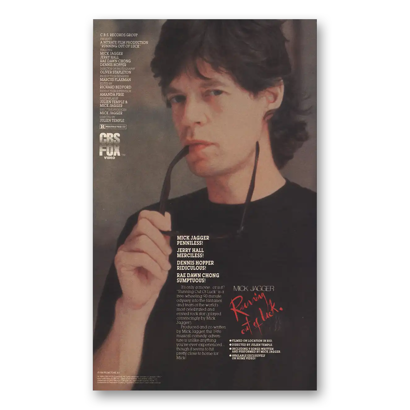 1986 Mick Jagger Promo Running Out of Luck Vintage Magazine Print Ad