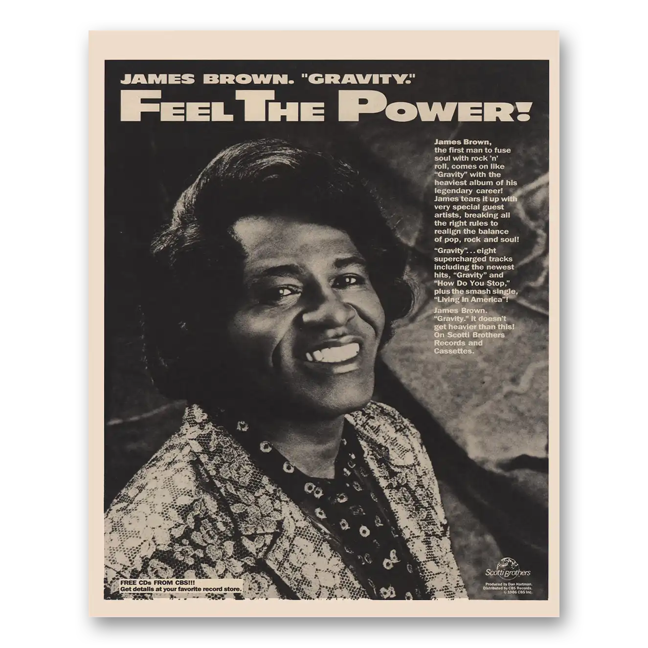 1986 James Brown Gravity Feel the Power Vintage Magazine Print Ad