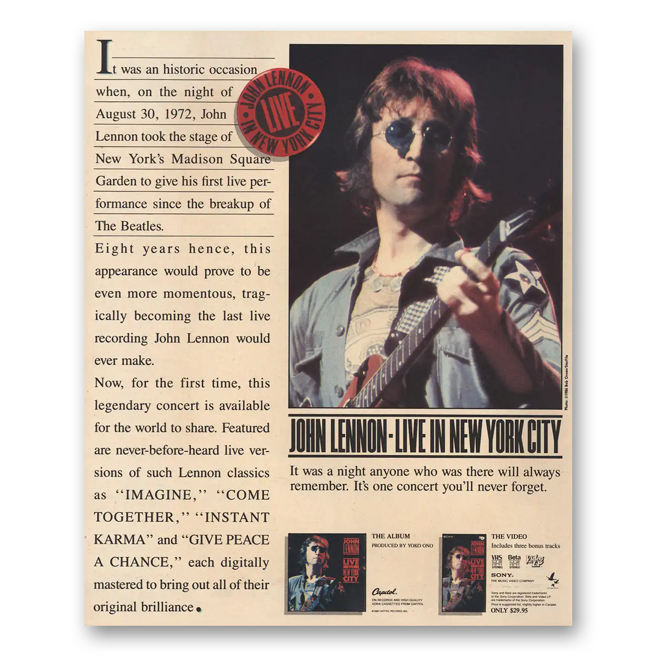 1986 John Lennon Live In New York City Vintage Magazine Print Ad