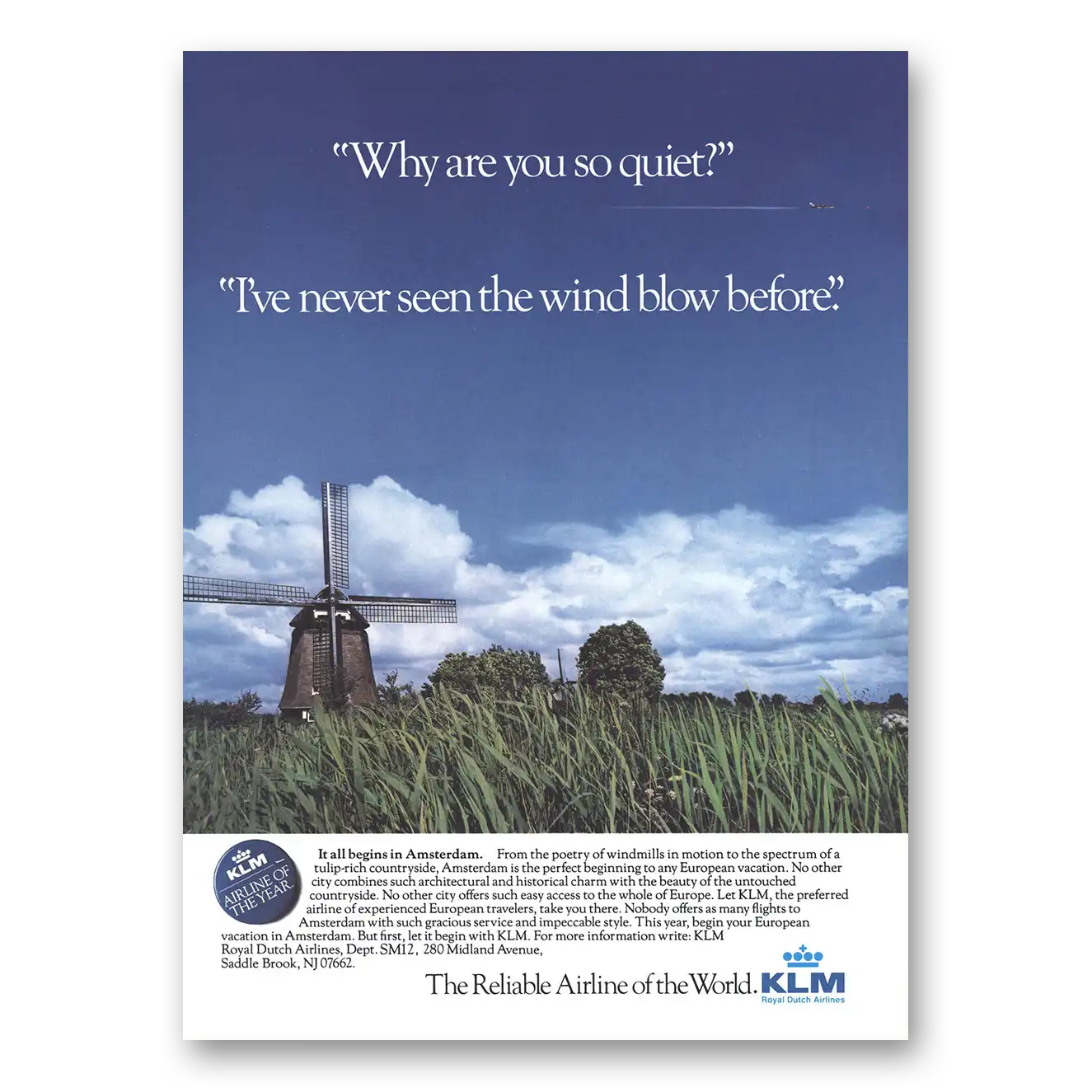 1986 KLM Royal Dutch Airlines Windmill Ive Never Seen the Wind Blow Vintage Magazine Print Ad