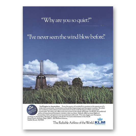 1986 KLM Royal Dutch Airlines Windmill Ive Never Seen the Wind Blow Vintage Magazine Print Ad