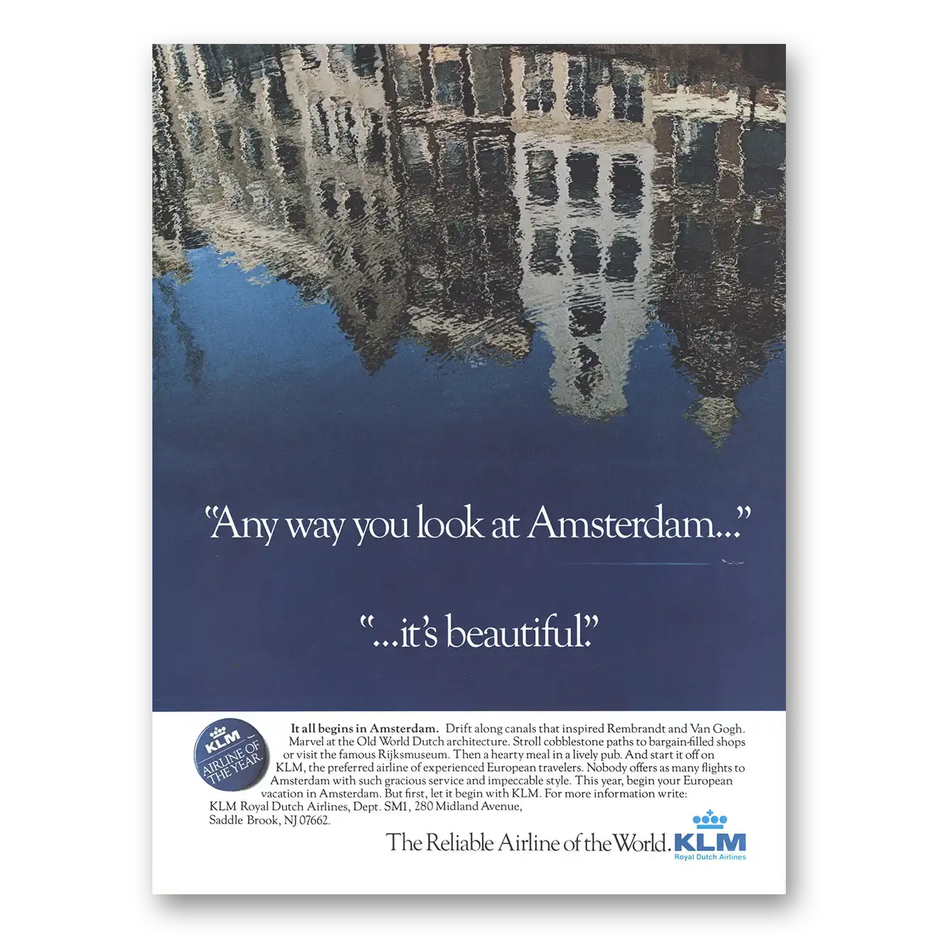 1986 KLM Royal Dutch Airlines Any Way You Look at Amsterdam Vintage Magazine Print Ad