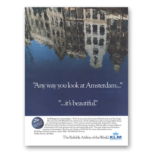 1986 KLM Royal Dutch Airlines Any Way You Look at Amsterdam Vintage Magazine Print Ad