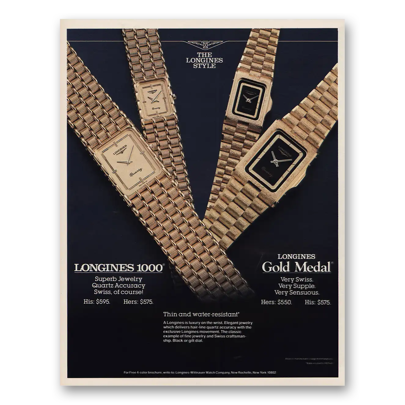 1986 Longines Wittnauer Gold Medal Thin and Water Resistant Vintage Magazine Print Ad