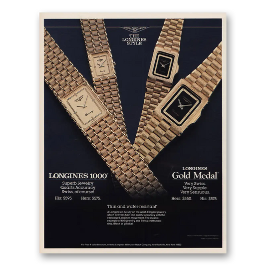 1986 Longines Wittnauer Gold Medal Thin and Water Resistant Vintage Magazine Print Ad