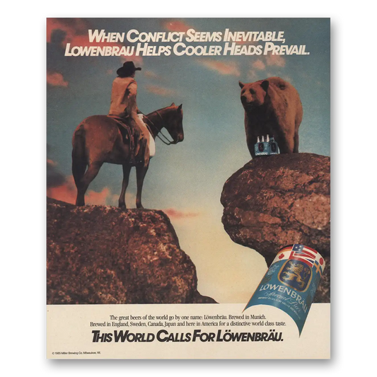 1986 Lowenbrau Beer When Conflict Seems Inevitable Vintage Magazine Print Ad