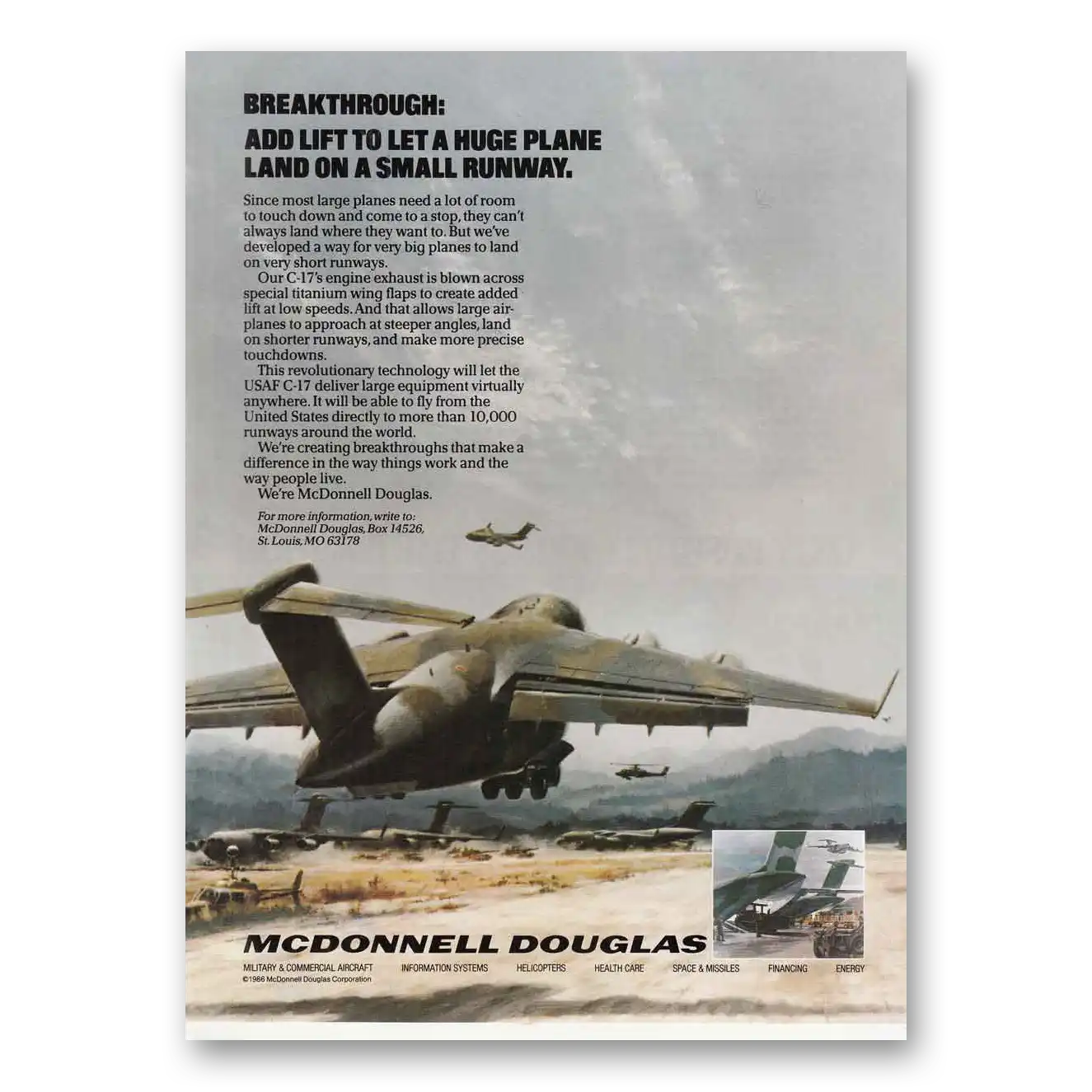 1986 McDonnell Douglas C17 Add Lift To Let a Huge Plane Vintage Magazine Print Ad