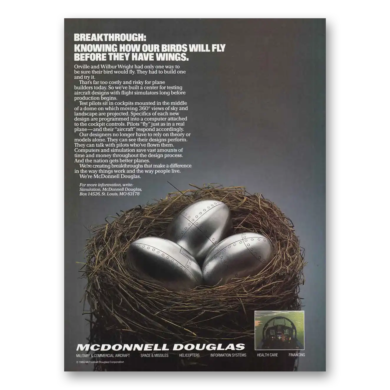 1986 McDonnell Douglas Simulation Birds Will Fly Vintage Magazine Print Ad