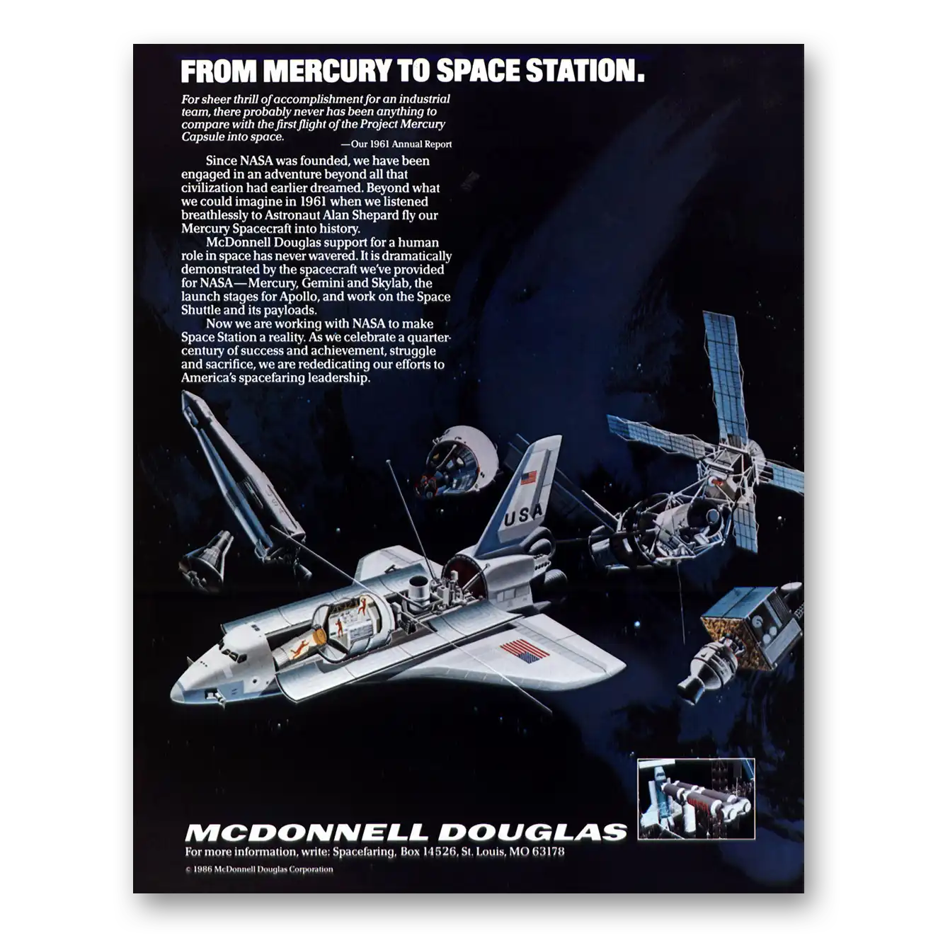 1986 McDonnell Douglas Space Station From Mercury to Space Station Vintage Magazine Print Ad