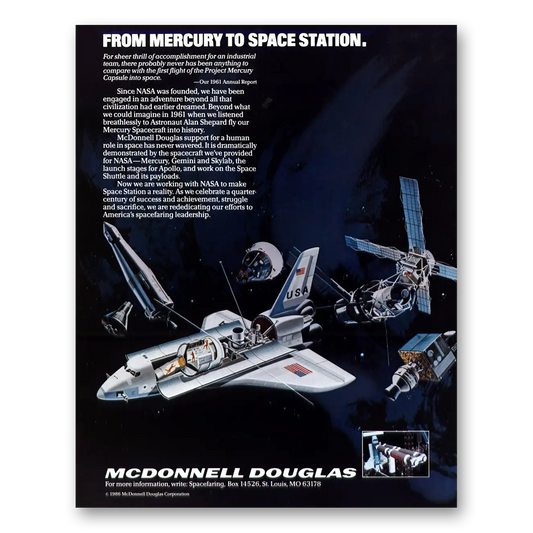 1986 McDonnell Douglas Space Station From Mercury to Space Station Vintage Magazine Print Ad