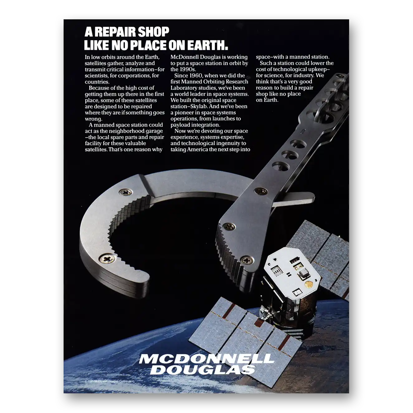 1986 McDonnell Douglas Space Station Repair Shop Like No Place On Earth Vintage Magazine Print Ad