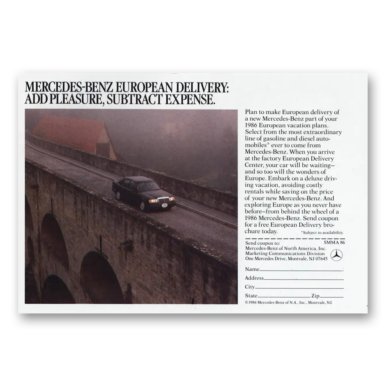 1986 Mercedes Benz European Delivery Pleasure Vintage Magazine Print Ad