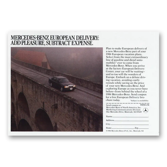 1986 Mercedes Benz European Delivery Pleasure Vintage Magazine Print Ad