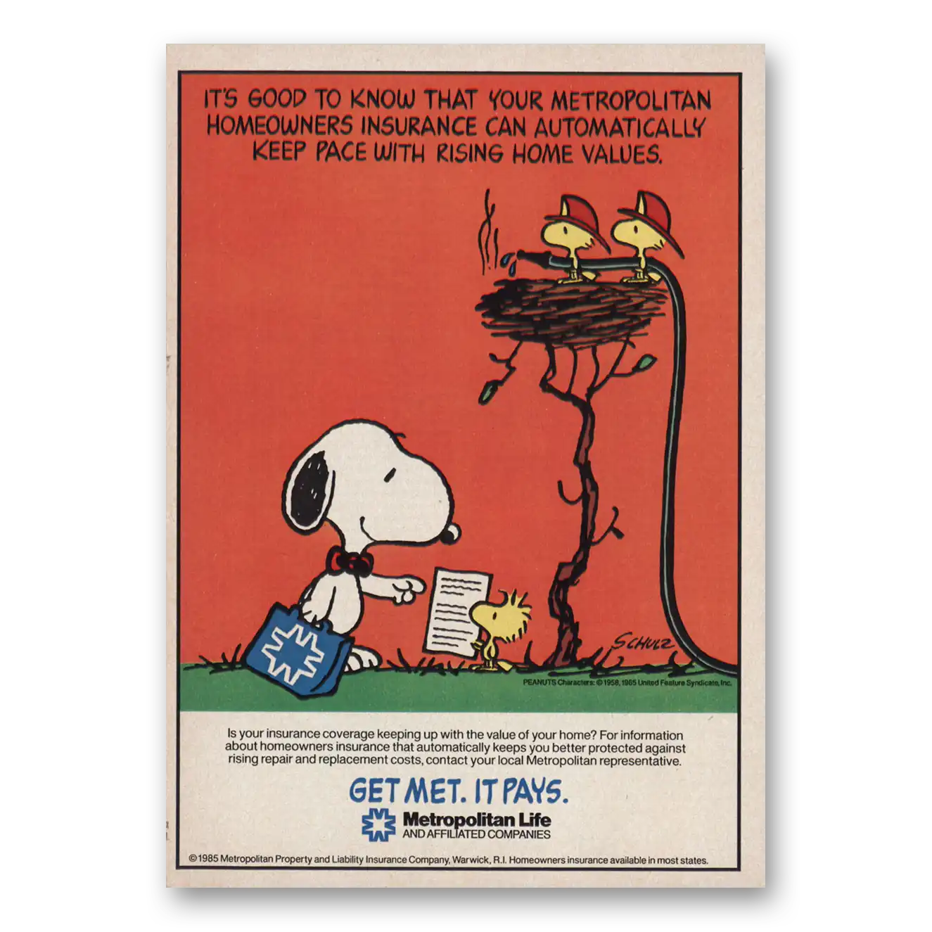 1986 Metropolitan Life Insurance Homeowners Snoopy Woodstock Vintage Magazine Print Ad