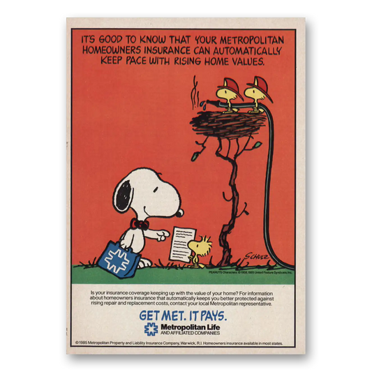 1986 Metropolitan Life Insurance Homeowners Snoopy Woodstock Vintage Magazine Print Ad