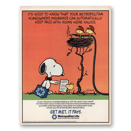 1986 Metropolitan Life Insurance Homeowners Snoopy Woodstock Vintage Magazine Print Ad