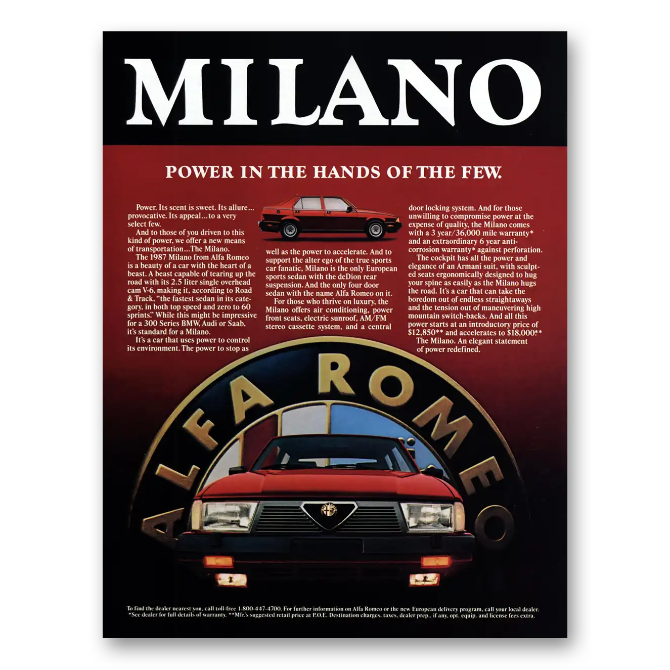 1986 Alfa Romeo Milano Power in the Hands of the Few Vintage Magazine Print Ad