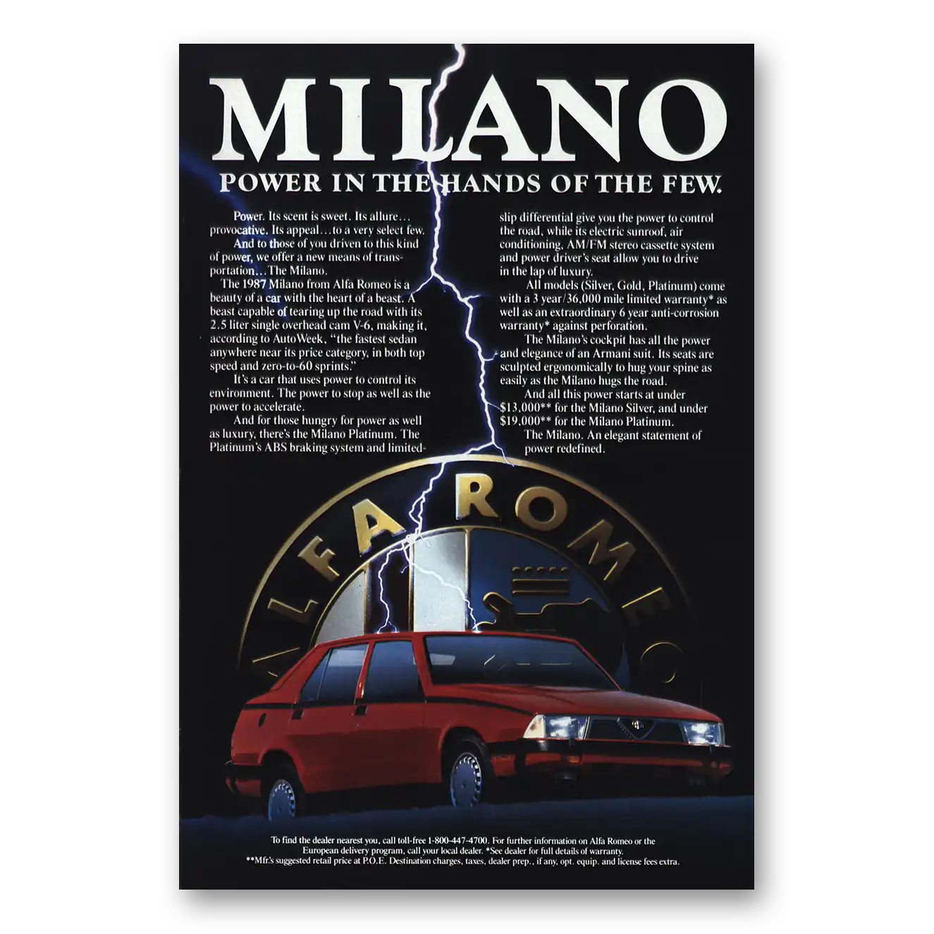 1986 Alfa Romeo Milano Lightning Power in the Hands Vintage Magazine Print Ad