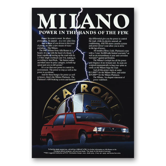 1986 Alfa Romeo Milano Lightning Power in the Hands Vintage Magazine Print Ad