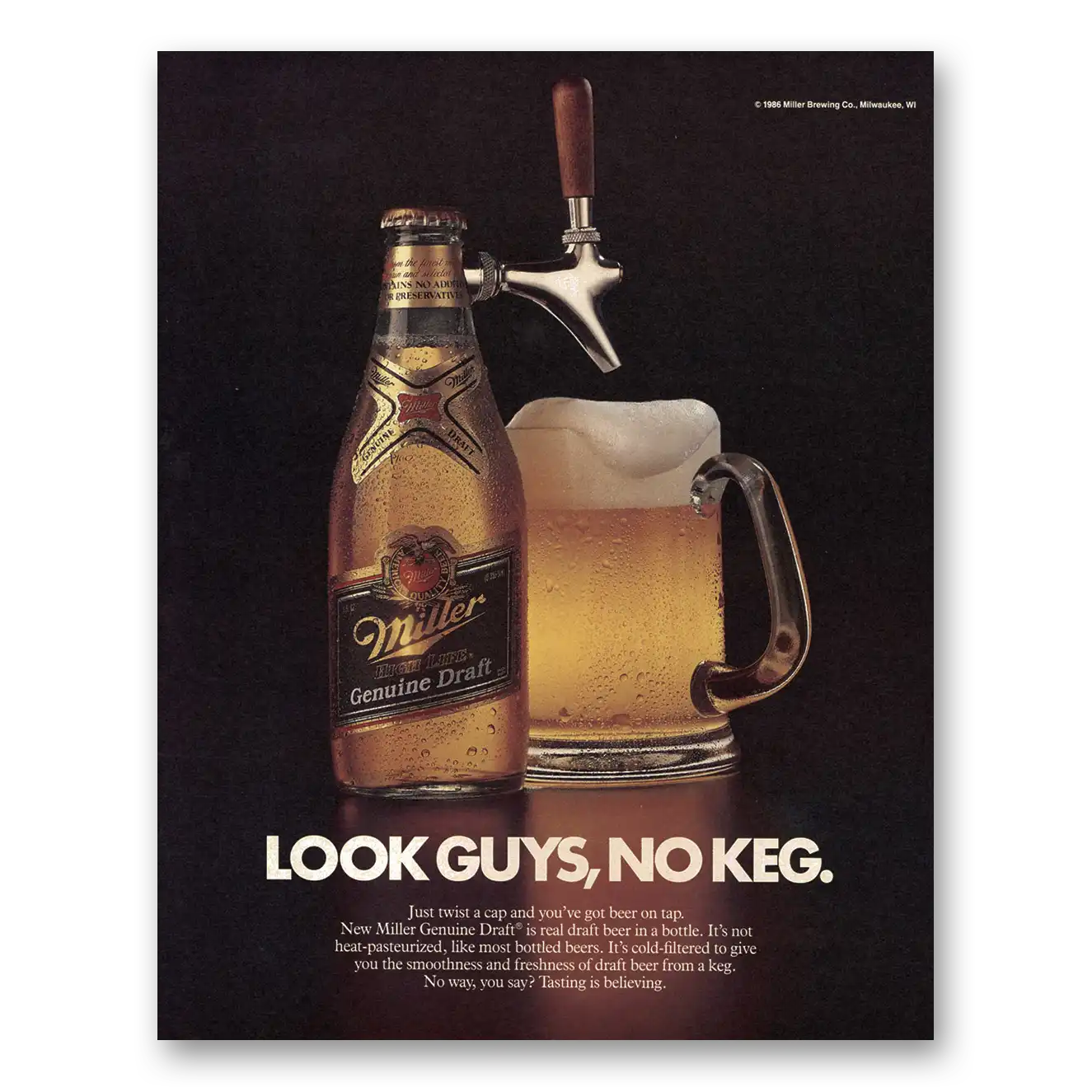 1986 Miller Beer Look Guys No Keg Vintage Magazine Print Ad