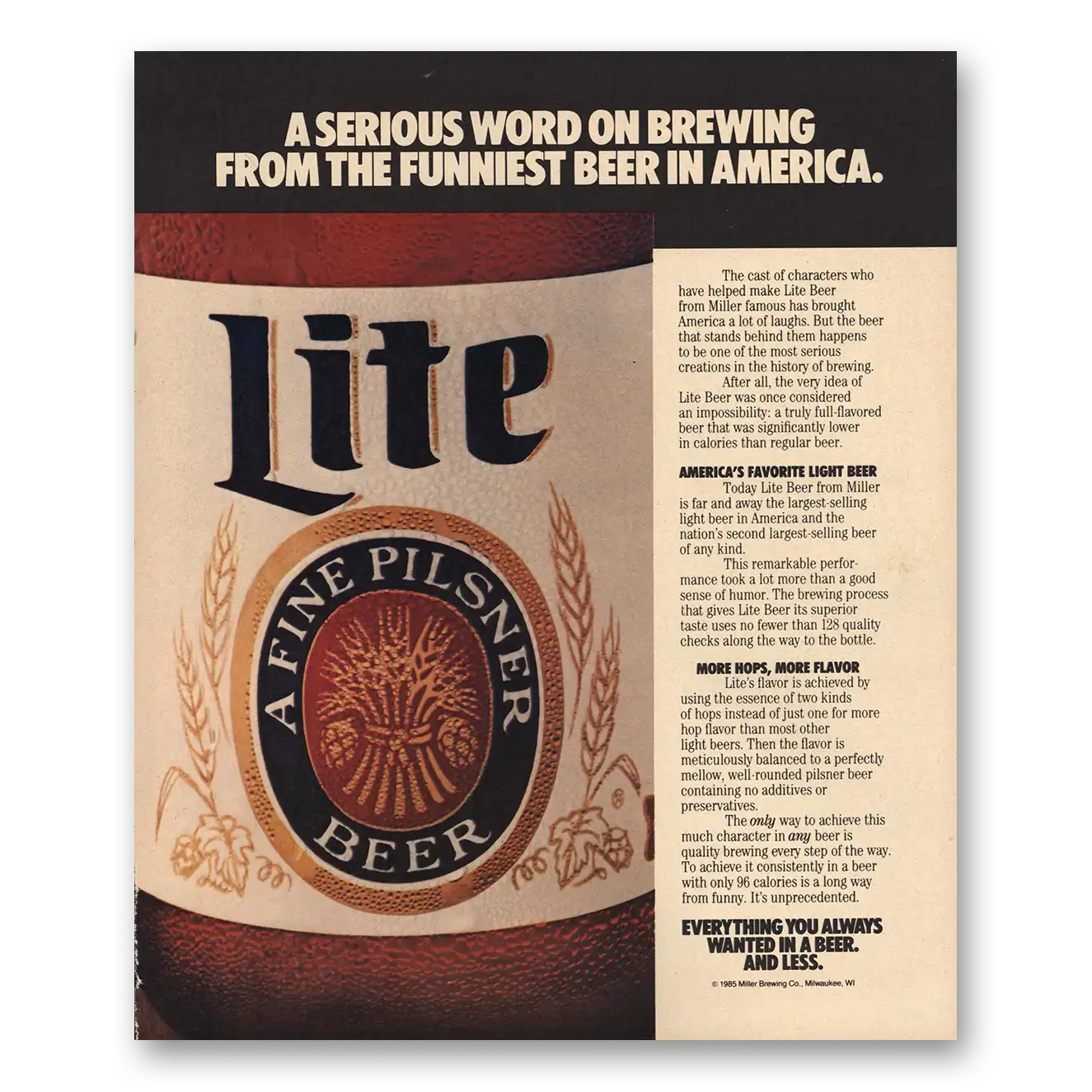 1986 Miller Lite Beer Serious Word Funniest Beer In America Vintage Magazine Print Ad