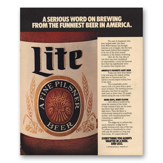 1986 Miller Lite Beer Serious Word Funniest Beer In America Vintage Magazine Print Ad