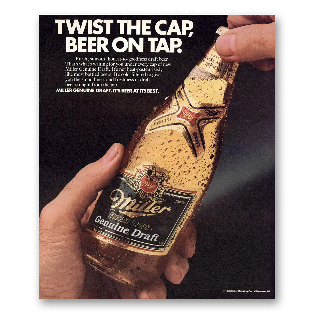 1986 Miller Beer Twist the Cap Beer On Tap Vintage Magazine Print Ad