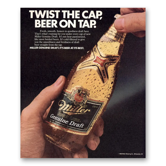 1986 Miller Beer Twist the Cap Beer On Tap Vintage Magazine Print Ad