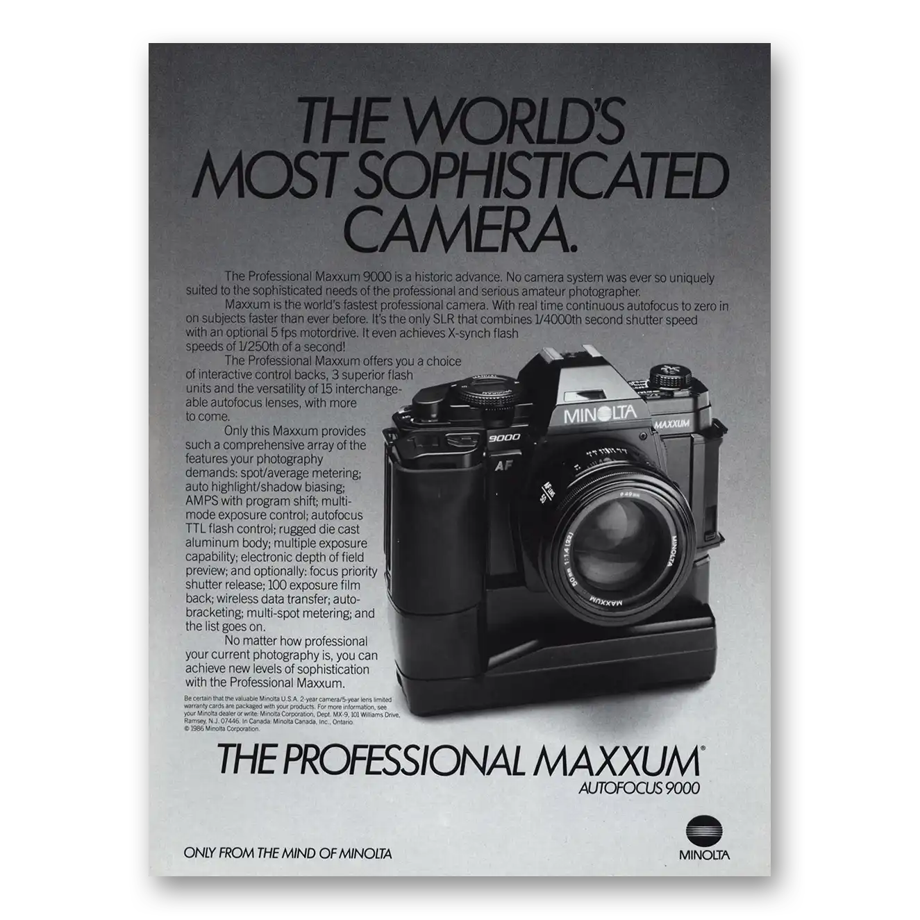 1986 Minolta Maxxum Camera Autofocus 9000 Most Sophisticated Vintage Magazine Print Ad