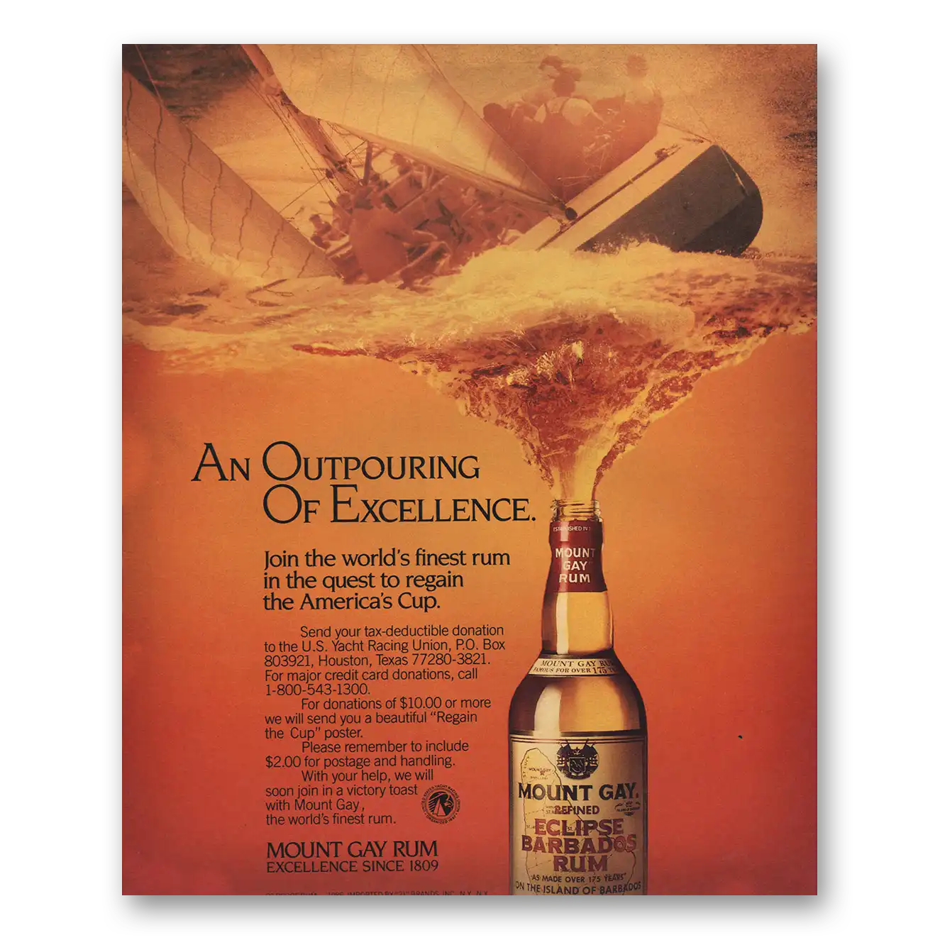 1986 Mount Gay Rum Outpouring Excellence Americas Cup Vintage Magazine Print Ad