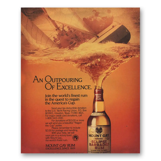 1986 Mount Gay Rum Outpouring Excellence Americas Cup Vintage Magazine Print Ad