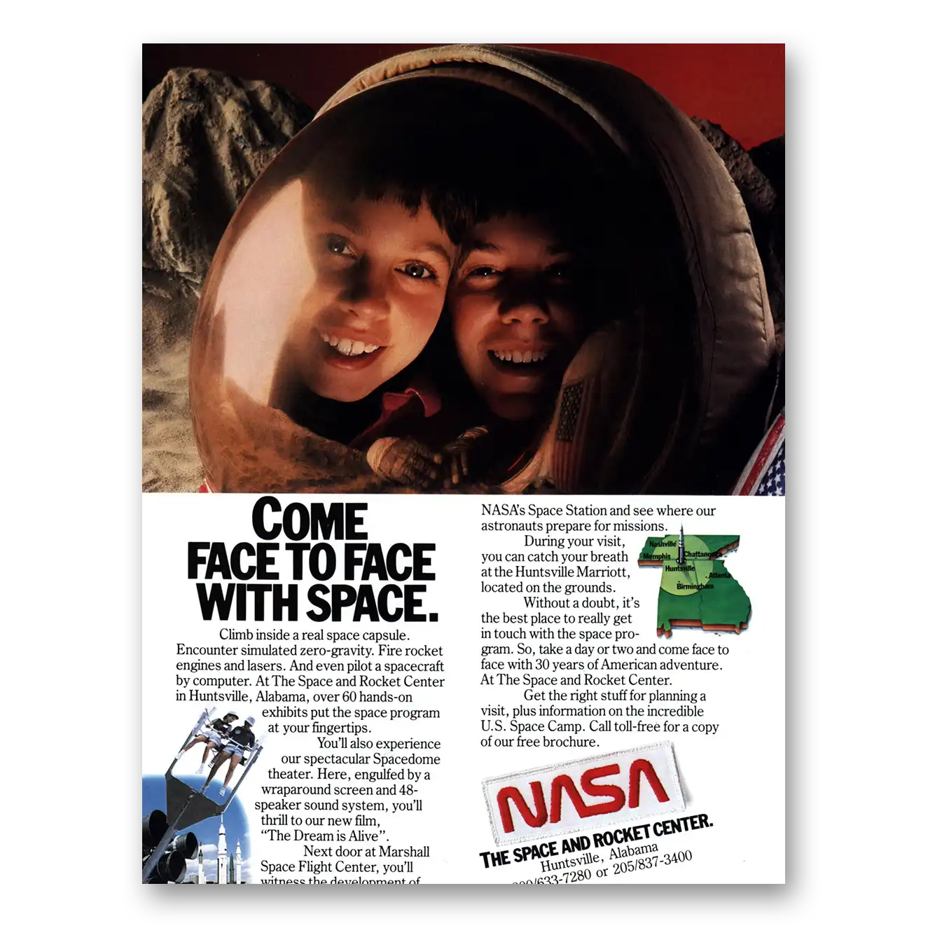 1986 NASA Space and Rocket Center Face to Face With Space Vintage Magazine Print Ad