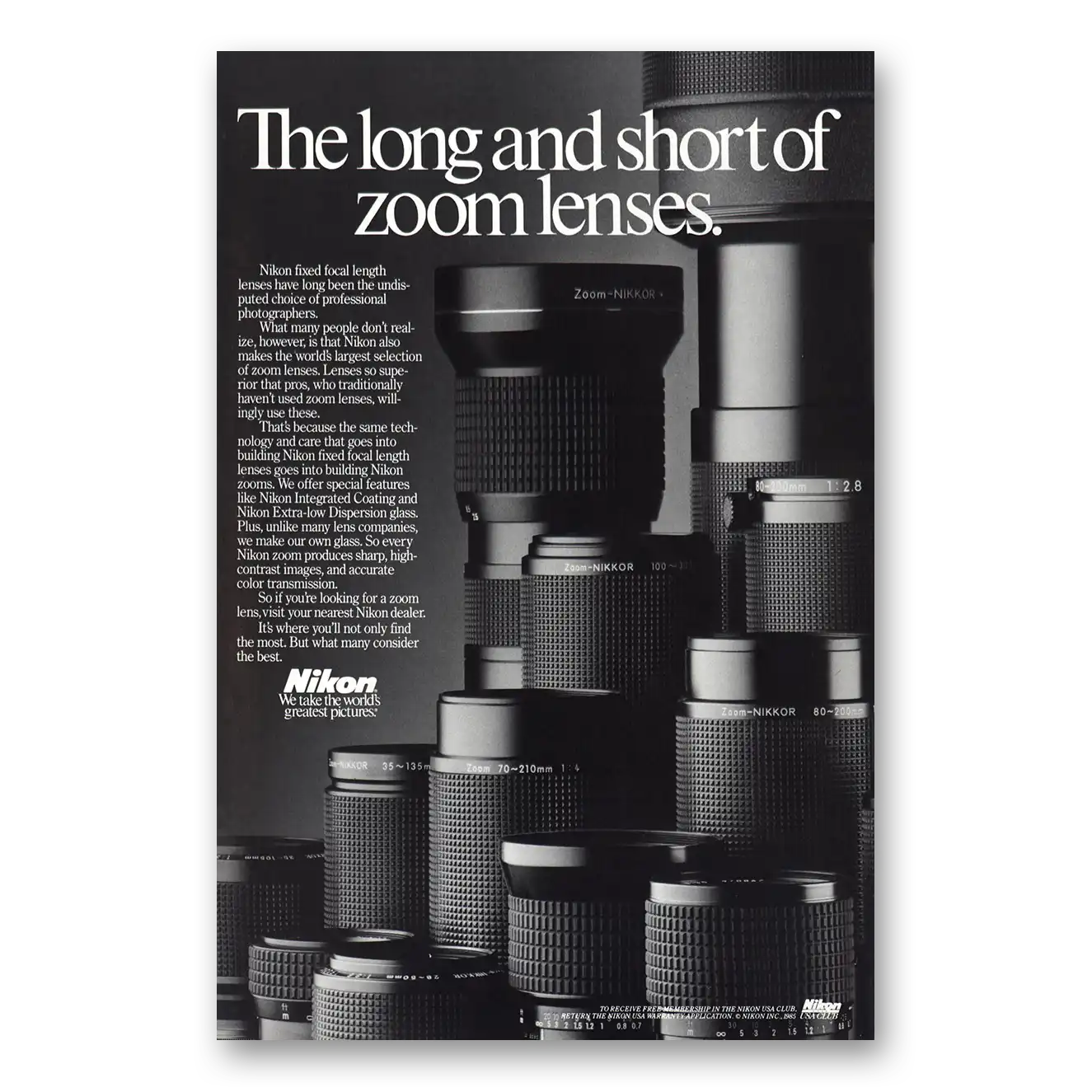 1986 Nikon Camera Long and Short of Zoom Lenses Vintage Magazine Print Ad