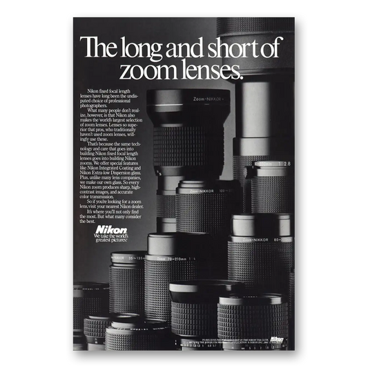 1986 Nikon Camera Long and Short of Zoom Lenses Vintage Magazine Print Ad