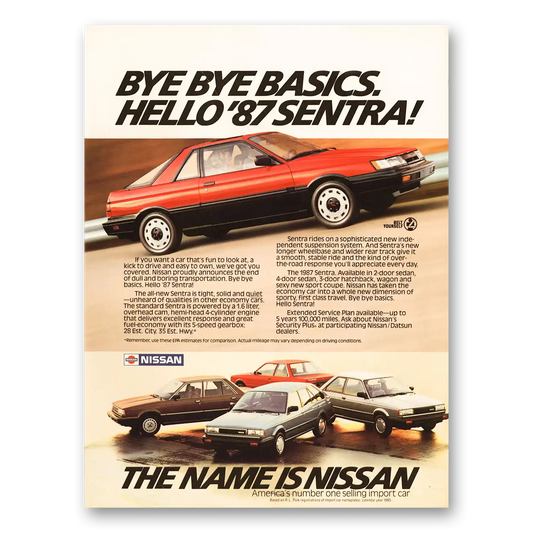 1986 Nissan Sentra Bye Bye Basics Vintage Magazine Print Ad